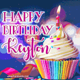 A festive animated GIF featuring a colorful cupcake with a single lit candle, sprinkles, and 'Happy Birthday Keyton' text against a sparkling, celebratory background.