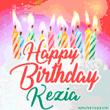 Bright birthday candles with rainbow flames on a cake, alongside the text 'Happy Birthday Kezia' in vibrant script in this celebratory animated GIF.