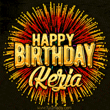 Golden 'Happy Birthday Kezia' text accompanied by animated rainbow fireworks for a festive animated greeting.