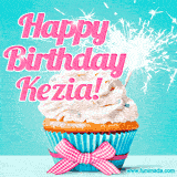 A festive cupcake with pink icing, a gingham bow, and a lit animated sparkler, paired with 'Happy Birthday Kezia!' in bright pink text.