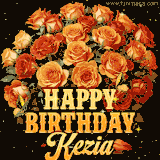 Animated bouquet of orange roses with moving butterfles and golden 'Happy Birthday Kezia' text, surrounded by sparkling accents and a dark backdrop for a luxurious feel.