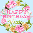 A charming animated GIF featuring 'Happy Birthday Kezia' in pink and green text, surrounded by delicate roses, leaves, and fluttering butterflies on a soft light blue pastel background.