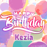 A vibrant name GIF featuring colorful balloons in shades of pink, orange, and yellow with the bold text 'Happy Birthday Kezia' in festive fonts, creating a lively birthday vibe.