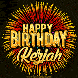 Golden 'Happy Birthday Keziah' text accompanied by animated rainbow fireworks for a festive animated greeting.