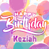 A vibrant name GIF featuring colorful balloons in shades of pink, orange, and yellow with the bold text 'Happy Birthday Keziah' in festive fonts, creating a lively birthday vibe.