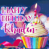 A festive animated GIF featuring a colorful cupcake with a single lit candle, sprinkles, and 'Happy Birthday Khaden' text against a sparkling, celebratory background.