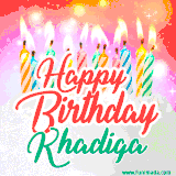 Bright birthday candles with rainbow flames on a cake, alongside the text 'Happy Birthday Khadiga' in vibrant script in this celebratory animated GIF.