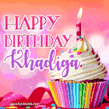 A vibrant birthday GIF featuring a rainbow-colored cupcake topped with white frosting, sprinkles, and a lit candle. The text reads 'Happy Birthday Khadiga' in bold pink and violet letters with white outline.