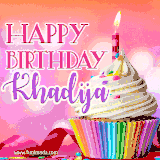 A vibrant birthday GIF featuring a rainbow-colored cupcake topped with white frosting, sprinkles, and a lit candle. The text reads 'Happy Birthday Khadija' in bold pink and violet letters with white outline.