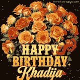 Animated bouquet of orange roses with moving butterfles and golden 'Happy Birthday Khadija' text, surrounded by sparkling accents and a dark backdrop for a luxurious feel.