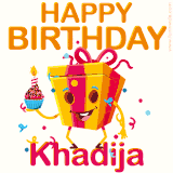 A vibrant and funny gift box character with a happy face dancing with a cupcake and the text 'Happy Birthday Khadija,' surrounded by animated confetti and party vibes.