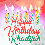 Bright birthday candles with rainbow flames on a cake, alongside the text 'Happy Birthday Khadijah' in vibrant script in this celebratory animated GIF.