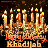 A glowing personalized birthday GIF with name Khadijah featuring lit candles with intricate designs, warm lighting, and the text 'Happy Birthday' in an elegant font.