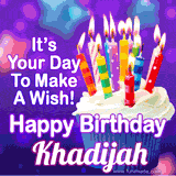 A colorful birthday GIF for Khadijah featuring a cupcake with vibrant lit candles and the text 'It's Your Day to Make a Wish! Happy Birthday Khadijah' in bold letters on a festive purple background.