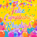 A bright and festive GIF with the text 'Feliz Cumpleaños Khadijah' in Spanish in colorful fonts, surrounded by confetti, balloons, and festive banners on a vibrant yellow background.