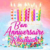 A white birthday cake covered in colorful sprinkles, topped with bright candles, and French text 'Bon Anniversaire Khadijah' on a pastel gradient background in an animated GIF.