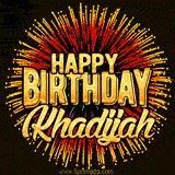 Golden 'Happy Birthday Khadijah' text accompanied by animated rainbow fireworks for a festive animated greeting.