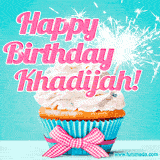 A festive cupcake with pink icing, a gingham bow, and a lit animated sparkler, paired with 'Happy Birthday Khadijah!' in bright pink text.