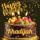 A delightful chocolate birthday cake with bright candles and 'Happy Birthday Khadijah' written in gold amidst a shower of animated stars.