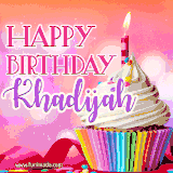 A vibrant birthday GIF featuring a rainbow-colored cupcake topped with white frosting, sprinkles, and a lit candle. The text reads 'Happy Birthday Khadijah' in bold pink and violet letters with white outline.