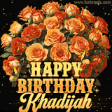 Animated bouquet of orange roses with moving butterfles and golden 'Happy Birthday Khadijah' text, surrounded by sparkling accents and a dark backdrop for a luxurious feel.
