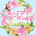 A charming animated GIF featuring 'Happy Birthday Khadijah' in pink and green text, surrounded by delicate roses, leaves, and fluttering butterflies on a soft light blue pastel background.