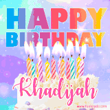 A vibrant animated name GIF with the words 'Happy Birthday Khadijah' with colorful candles on a creamy cake. The background sparkles with pastel shades, adding a festive touch.
