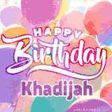 A vibrant name GIF featuring colorful balloons in shades of pink, orange, and yellow with the bold text 'Happy Birthday Khadijah' in festive fonts, creating a lively birthday vibe.