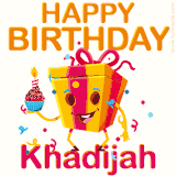 A vibrant and funny gift box character with a happy face dancing with a cupcake and the text 'Happy Birthday Khadijah,' surrounded by animated confetti and party vibes.