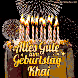 A chocolate birthday cake with glowing candles, the German text 'Alles Gute zum Geburtstag Khai,' and vibrant fireworks lighting up the background in an animated GIF.