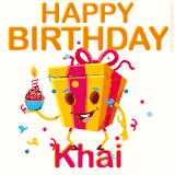 A vibrant and funny gift box character with a happy face dancing with a cupcake and the text 'Happy Birthday Khai,' surrounded by animated confetti and party vibes.