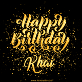 Animated GIF with colorful, festive 'Happy Birthday Khai' text decorated with patterns, a party hat, and falling confetti. A vibrant and cheerful design for birthday celebrations.