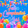 A vibrant animated GIF with 'Feliz Cumpleaños Khai' written in colorful script, surrounded by balloons, confetti, and bunting on a bright blue background.