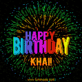 A colorful animated GIF featuring the text 'Happy Birthday Khai!' in rainbow colors with a dynamic iridescent firework display in the background.