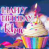 A festive animated GIF featuring a colorful cupcake with a single lit candle, sprinkles, and 'Happy Birthday Khai' text against a sparkling, celebratory background.