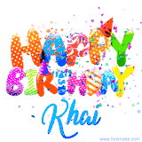 Animated GIF with colorful, festive 'Happy Birthday Khai' text decorated with patterns, a party hat, and falling confetti. A vibrant and cheerful design for birthday celebrations.