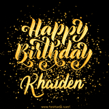Animated GIF with colorful, festive 'Happy Birthday Khaiden' text decorated with patterns, a party hat, and falling confetti. A vibrant and cheerful design for birthday celebrations.