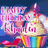 A festive animated GIF featuring a colorful cupcake with a single lit candle, sprinkles, and 'Happy Birthday Khaiden' text against a sparkling, celebratory background.