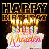 A vibrant animated GIF featuring a delicious birthday cake topped with glowing candles and the name 'Khaiden' in elegant script, and the words 'Happy Birthday' on the black background.