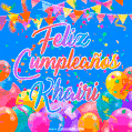 A vibrant animated GIF with 'Feliz Cumpleaños Khairi' written in colorful script, surrounded by balloons, confetti, and bunting on a bright blue background.