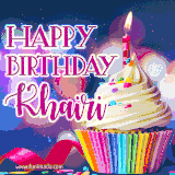 A festive animated GIF featuring a colorful cupcake with a single lit candle, sprinkles, and 'Happy Birthday Khairi' text against a sparkling, celebratory background.