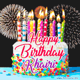 A lively happy birthday animated GIF showcasing a colorful birthday cake covered in sprinkles, topped with glowing candles, and surrounded by vibrant fireworks. The name 'Khairi' is featured in elegant script.
