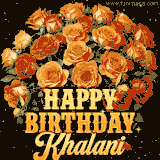 Animated bouquet of orange roses with moving butterfles and golden 'Happy Birthday Khalani' text, surrounded by sparkling accents and a dark backdrop for a luxurious feel.