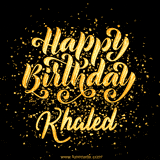 Animated GIF with colorful, festive 'Happy Birthday Khaled' text decorated with patterns, a party hat, and falling confetti. A vibrant and cheerful design for birthday celebrations.