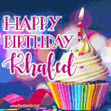 A festive animated GIF featuring a colorful cupcake with a single lit candle, sprinkles, and 'Happy Birthday Khaled' text against a sparkling, celebratory background.