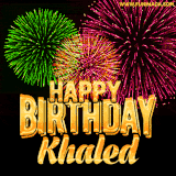 A captivating GIF with bursts of green, pink, and orange fireworks lighting up the night sky, accompanied by 'Happy Birthday Khaled' in glowing golden text.