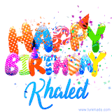 Animated GIF with colorful, festive 'Happy Birthday Khaled' text decorated with patterns, a party hat, and falling confetti. A vibrant and cheerful design for birthday celebrations.