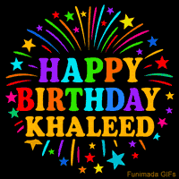Vibrant animated GIF with 'Happy Birthday Khaleed' in rainbow-colored text, surrounded by colorful stars and fireworks on a black background.