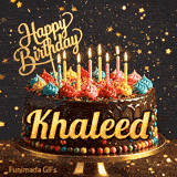 Shimmering animated card featuring a detailed chocolate cake and the name Khaleed for his birthday celebration.