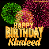 A captivating GIF with bursts of green, pink, and orange fireworks lighting up the night sky, accompanied by 'Happy Birthday Khaleed' in glowing golden text.